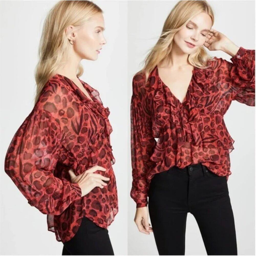 IRO Realize Red Animal Print Ruffle Blouse